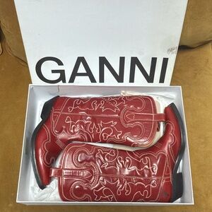 Ganni Cherry Red Embroidered Boots
